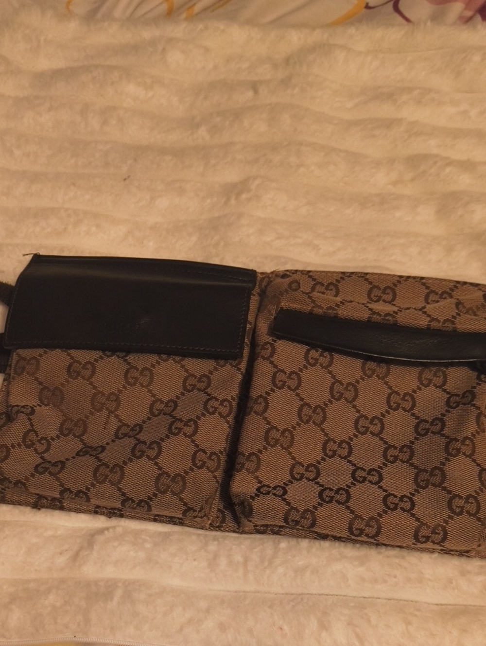 Pre-owned Gucci Brown/Beige GG Canvas unisex Double Pocket Belt Bag with Black